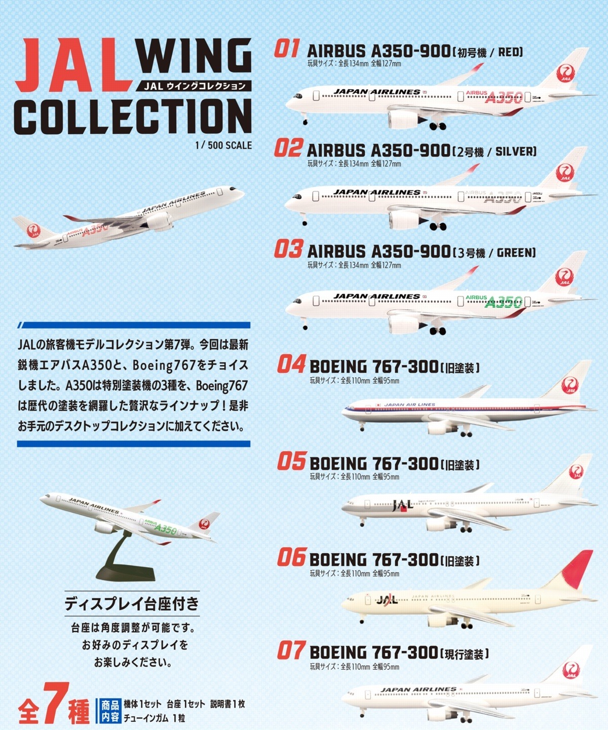 FT60765 F-toys JALウイングコレクション7 B767-300×4, A350-900×3 全7種 1:500 1BOX=10個入り 完売しました。 F-toys 1:500  セット プラスチック製