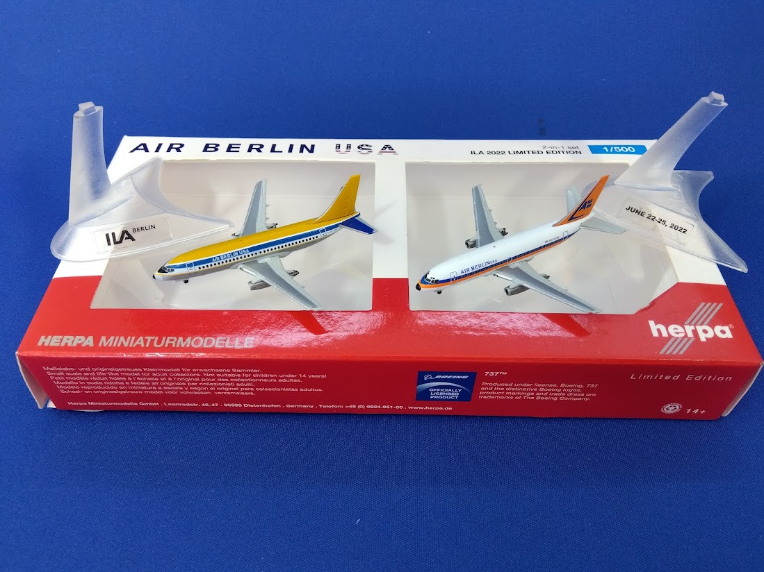 536141 Herpa LIMITED EDITION Air Berlin / エア・ベルリン ILA 2022 B737-200 2機セット プラスチック製スタンド付 1:500  メーカー完売