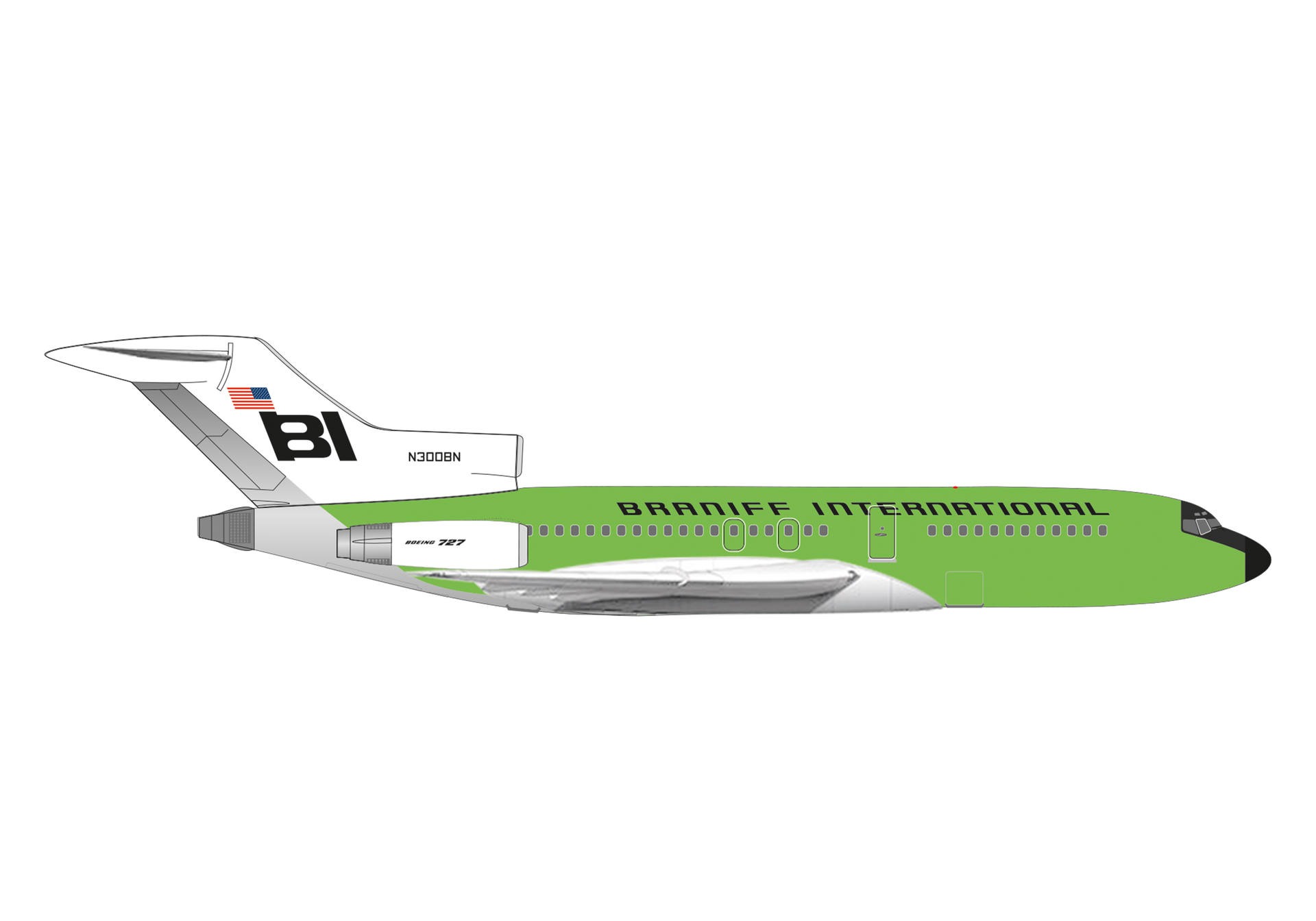 537988 Herpa Braniff International Airways / ブラニフ航空 B727-100 N300BN solid lime green 1:500