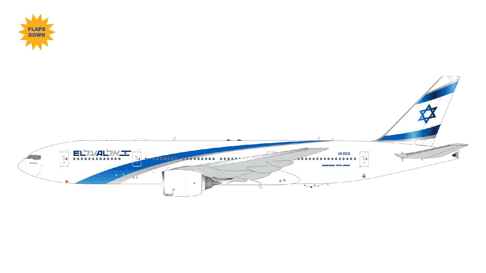 G2ELY1361F GEMINI 200 El Al Israel Airlines / エル・アル航空/イスラエル B777-200ER flaps down 4X-ECB スタンド付 1:200 お取り寄せ