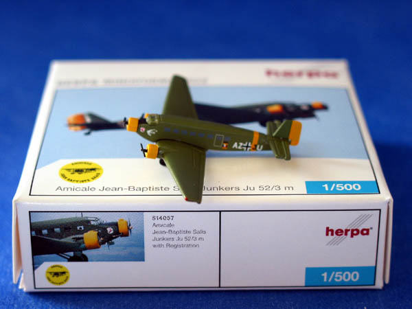 514057 Herpa Amicale Jean Baptiste Salis/AJBS / サリス飛行博物館 JU-52M AZ-JU 1:500 メーカー完売 Herpa 1:500 Amicale Jean Baptiste Salis/AJBS / サリス飛行博物館 Ju-52 亜鉛ダイキャスト製