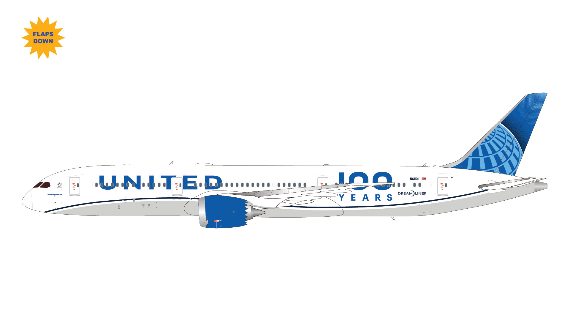 G2UAL1258F GEMINI 200 United Airlines / ユナイテッド航空 B787-9 flaps down N61101 “100 Years” スタンド付 1:200 お取り寄せ