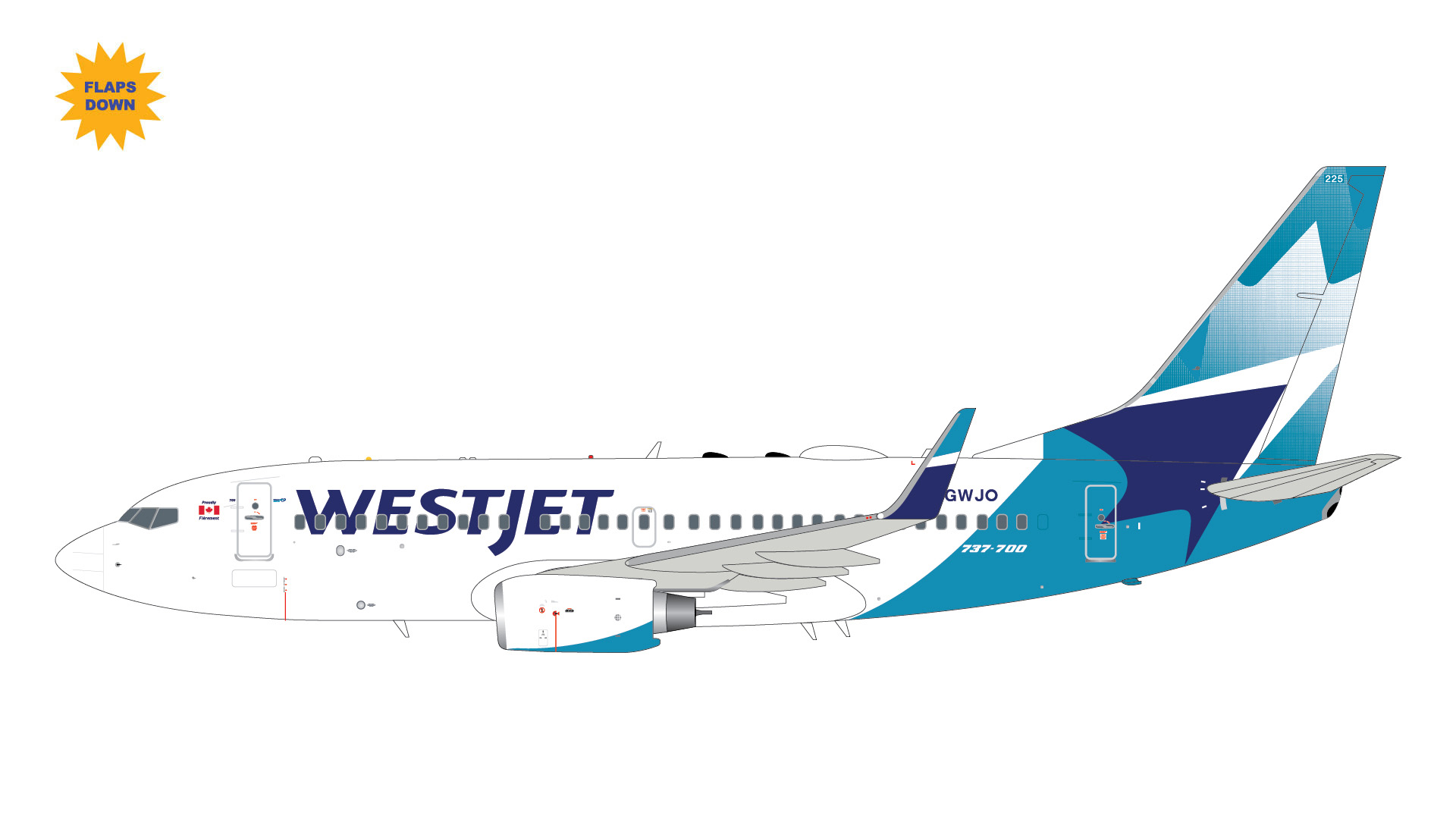 G2WJA1431F GEMINI 200 WestJet Airlines / ウエストジェット B737-700W flaps down C-GWJO  スタンド付 1:200 お取り寄せ