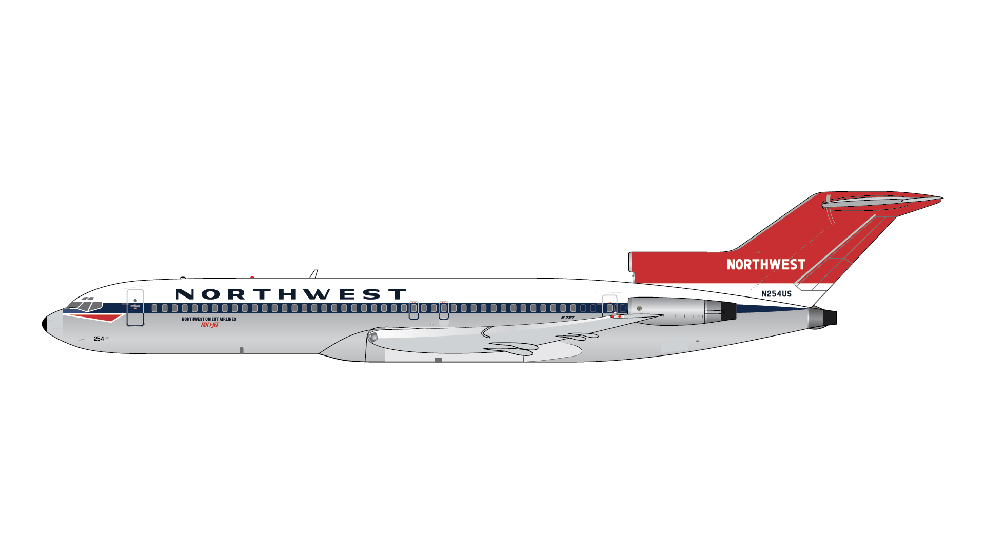GJNWA2369 GEMINI JETS Northwest Orient Airlines / ノースウエストオリエント delivery livery w/ polished belly B727-200 N254US 1:400