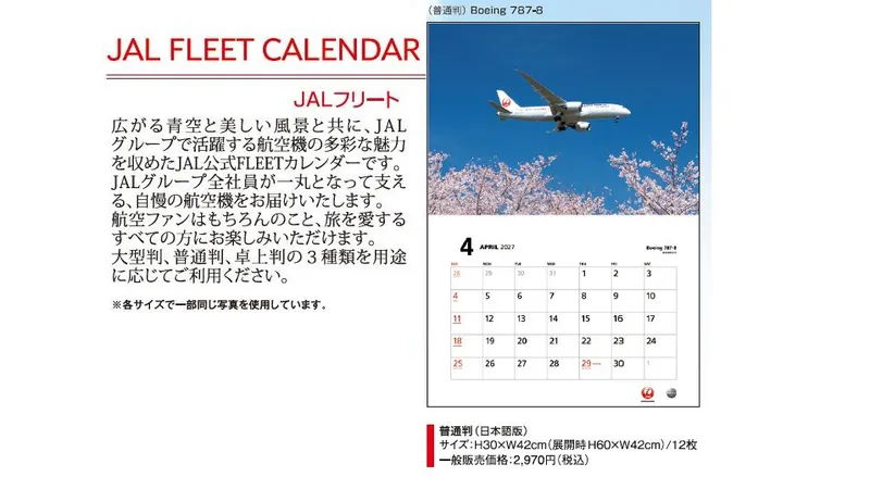 2027JAL03 JAL 2027年度版 カレンダー フリート 普通版 60×42cm 12枚 予約