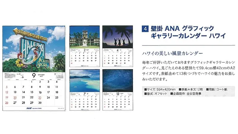 2027ANA04 2027年度版 カレンダー 壁掛 ANA グラフィックギャラリーカレンダー ハワイ 594×420mm 12枚 予約