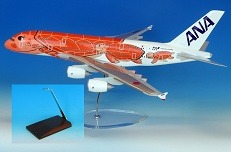 NH00119 全日空商事特注品 ANA All Nippon Airways / 全日空 A380 サンセットオレンジ エアバスレプリカ ギアなし JA383A 木製台座プレート付 1:100 予約